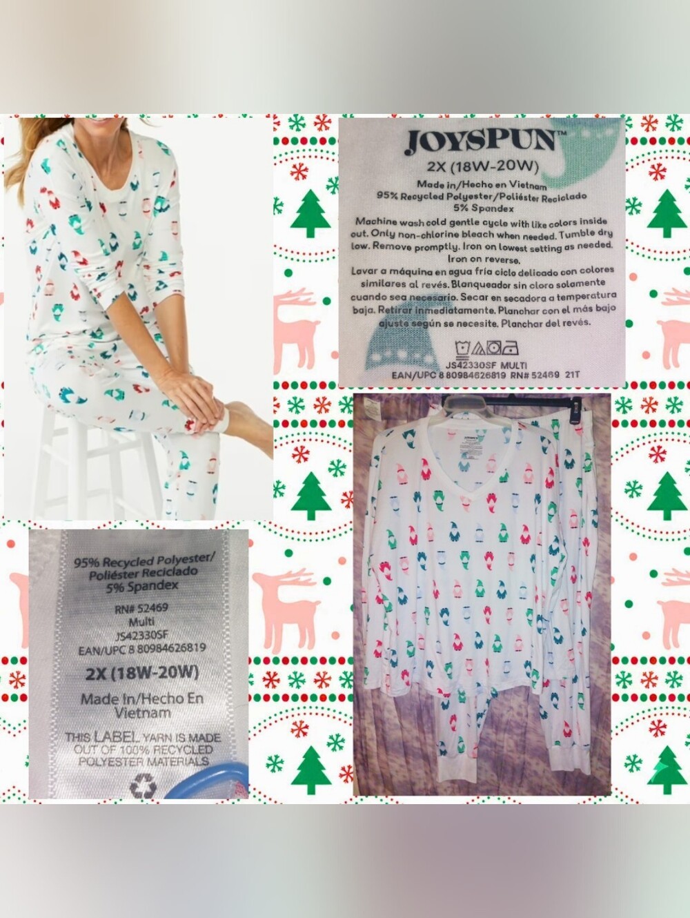 Joyspun Wht/Multiclr Holiday Gnomes L/S Knit Top & Joggers Pajama Set 2X(18/20W)